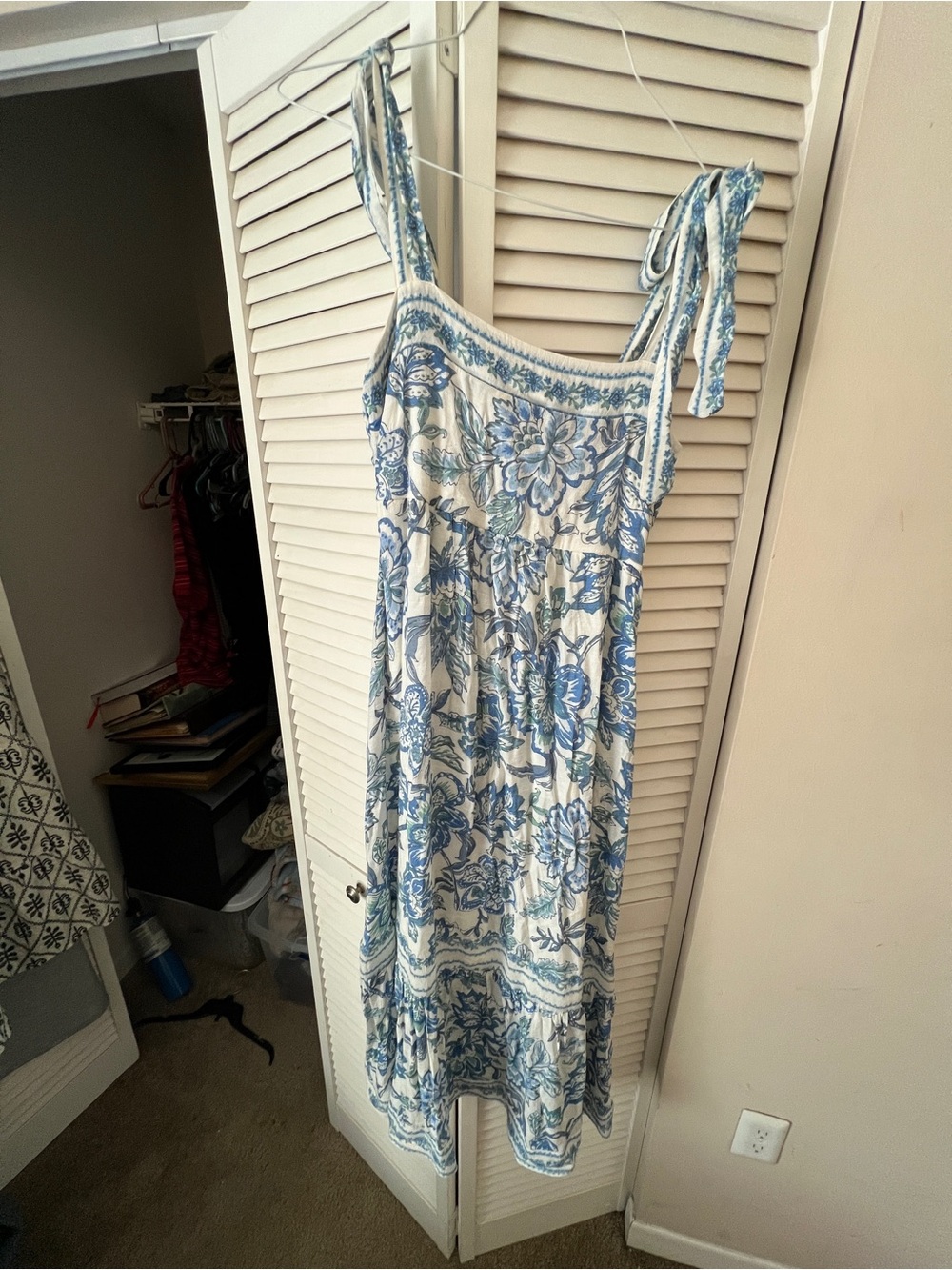 Altar'd State Blue and Cream Floral Midi Dress with Tie Straps